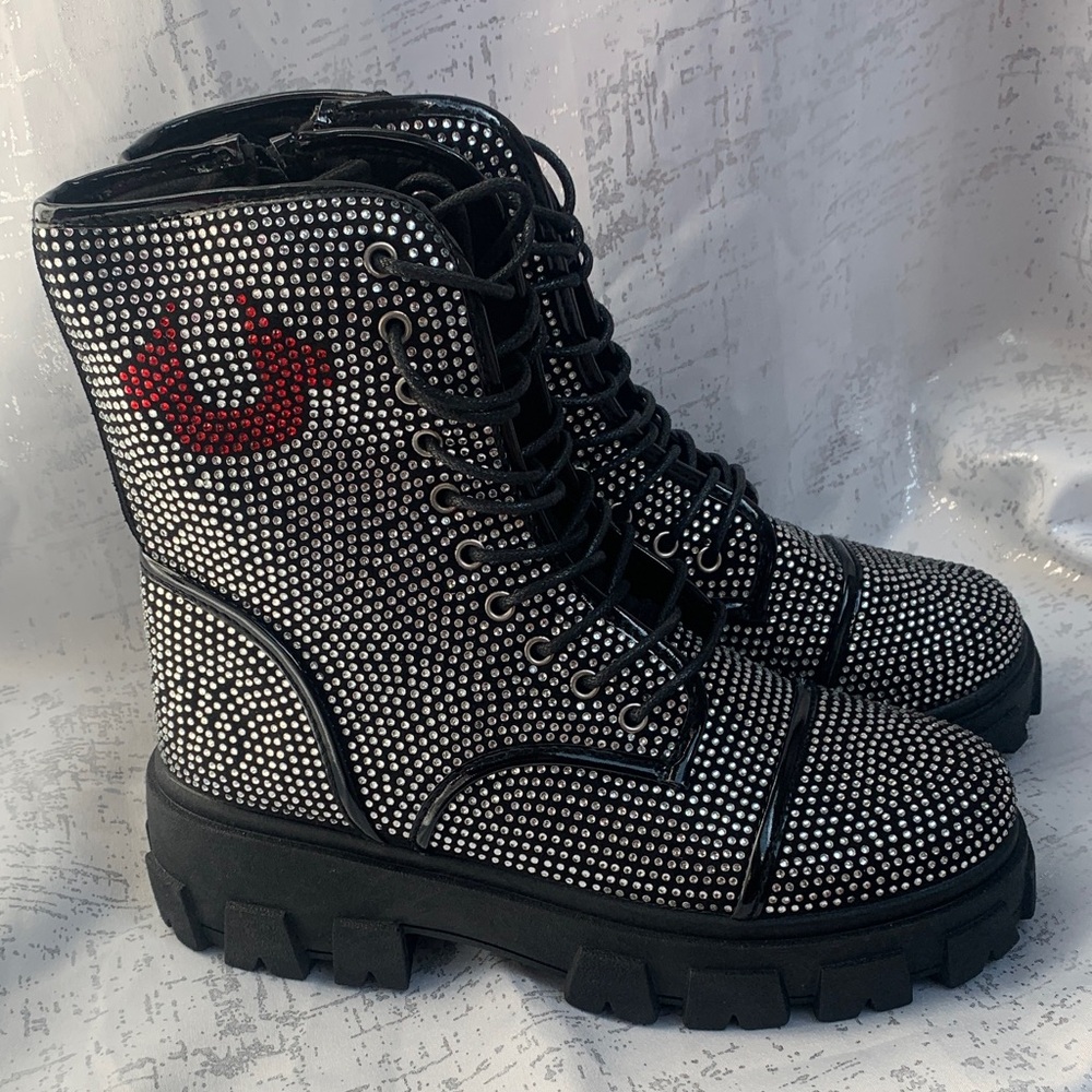 True Religion Black Studded Lace-Up Combat Boots with Red Logo